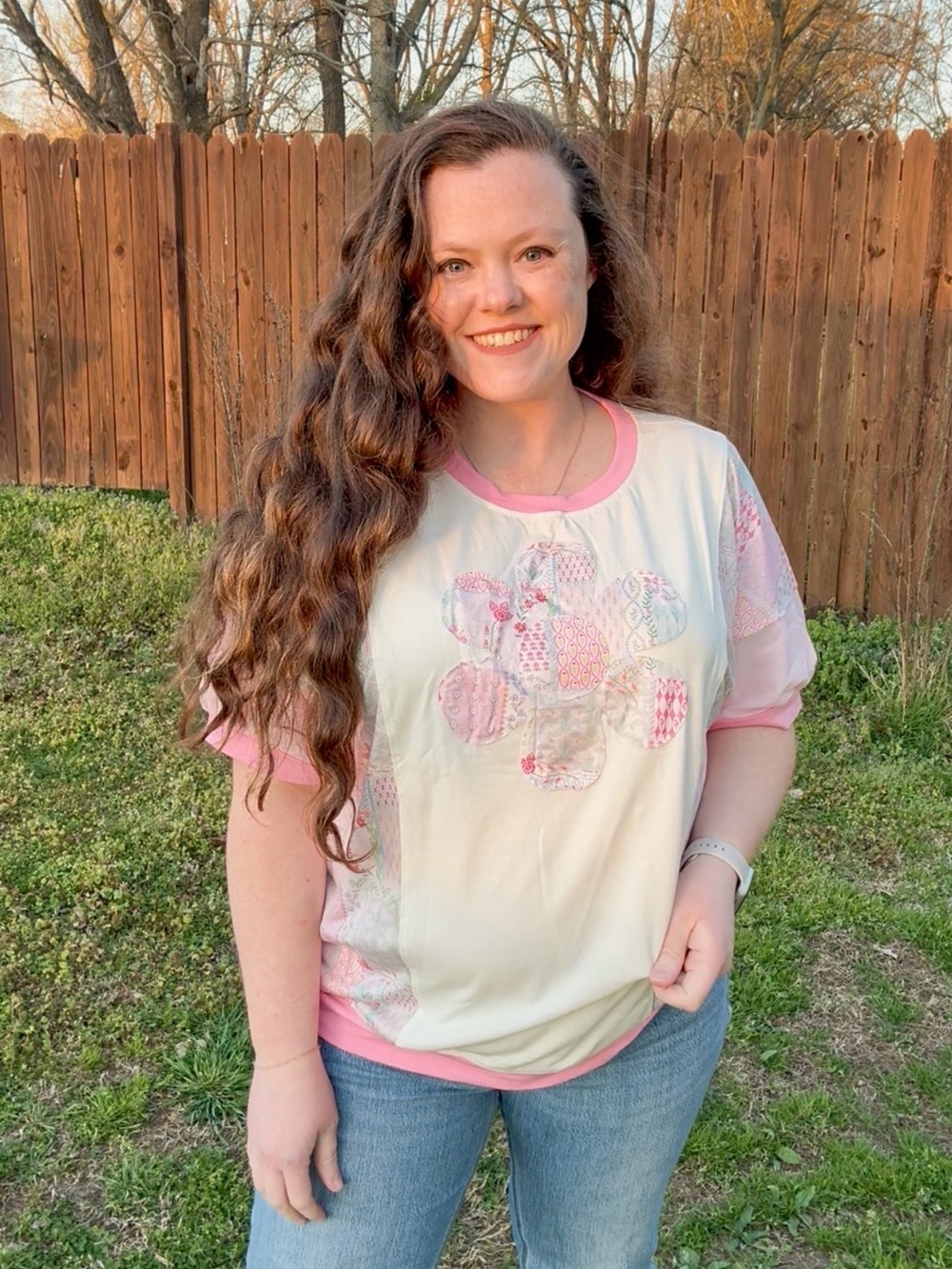 Cream and Pink Short Sleeve Patchwork Tee